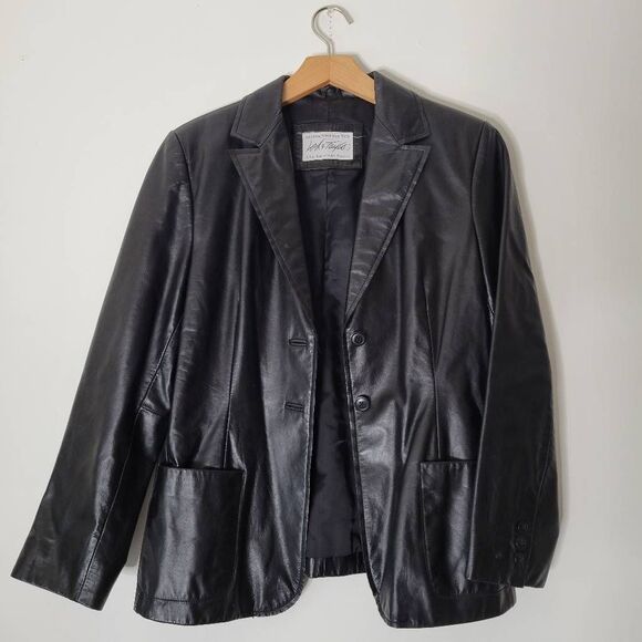 Lord & Taylor Vintage Genuine Leather Blazer Jacket Black American Petite PM - Picture 2 of 9